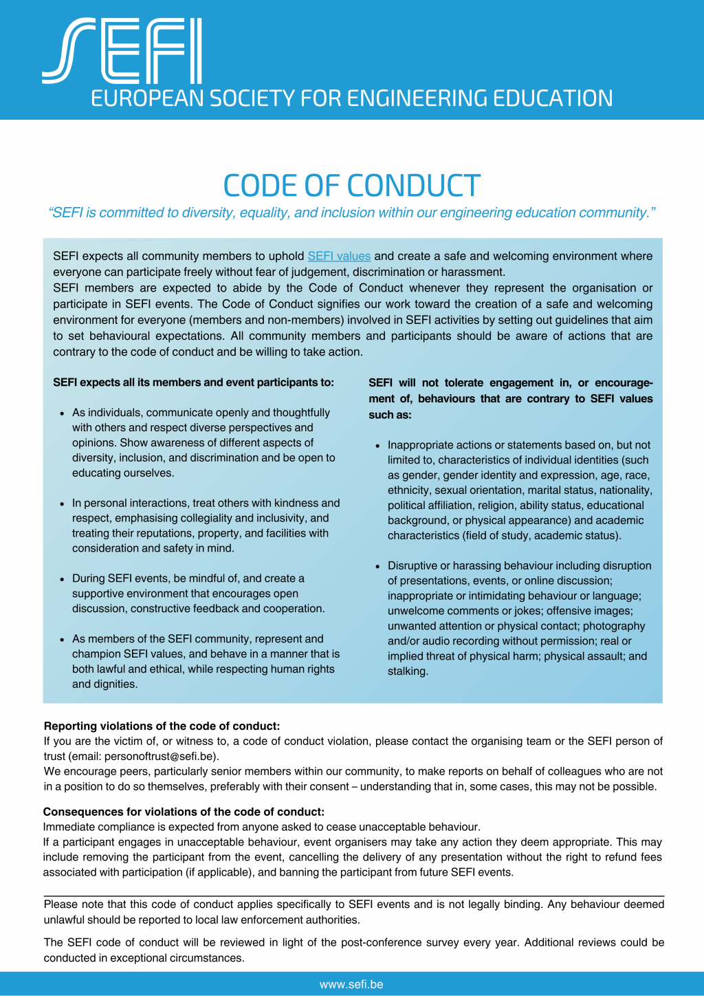 SEFI Code of Conduct. Available to download as pdf as well.